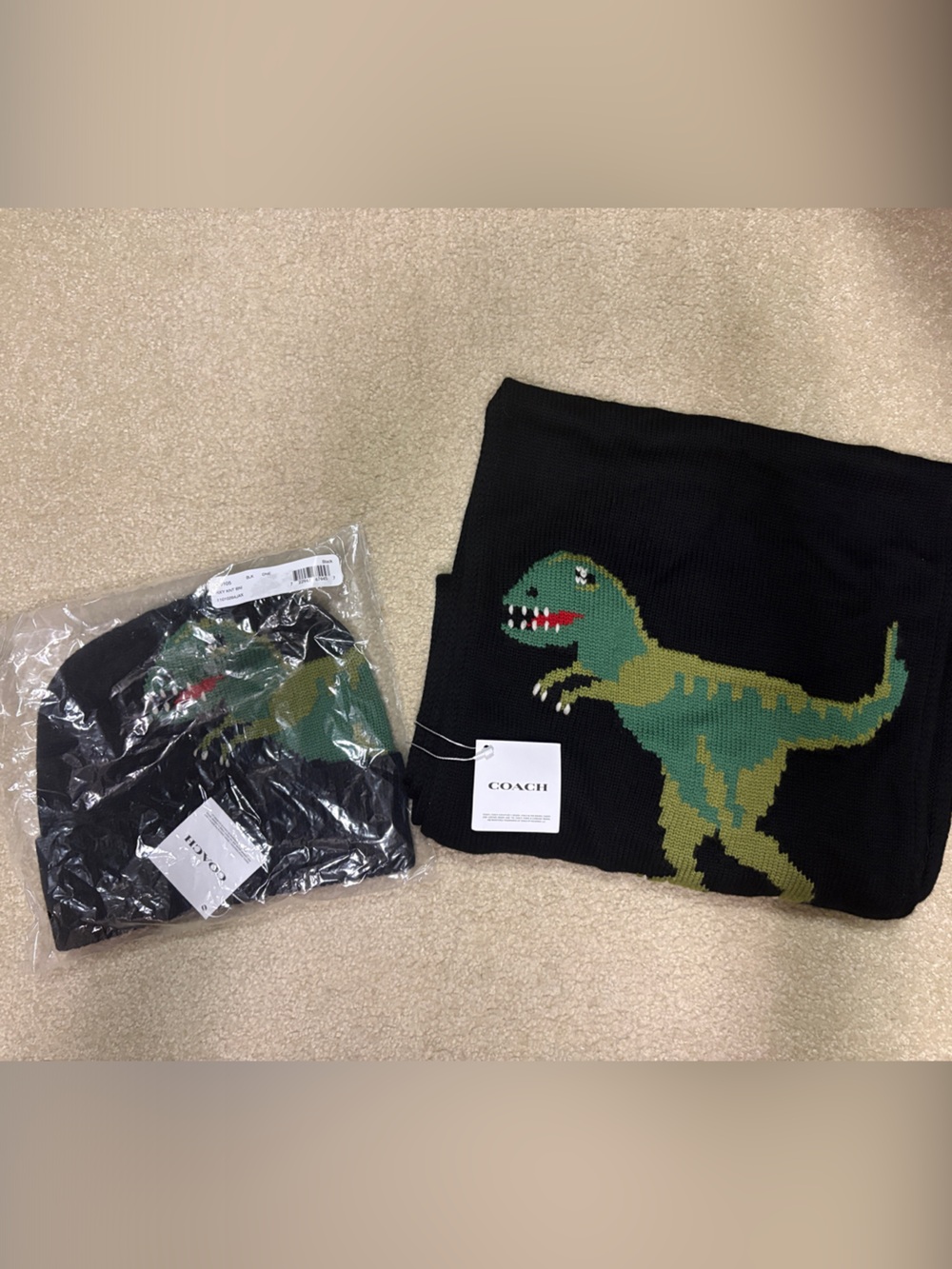 COACH Black Dinosaur Knit Scarf & Hat set